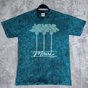 Vintage 90s Maui Palm Tree All Over Print T-Shirt Blue Acid Wash Men’s Size M